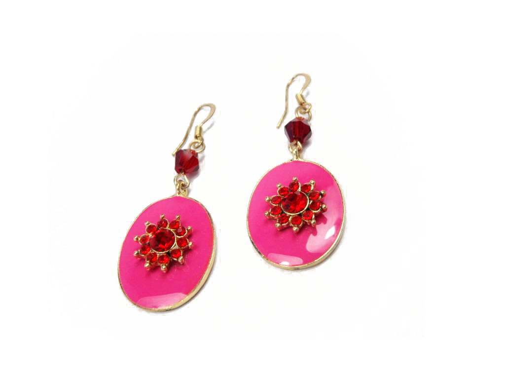 Conba Graceful Drop Earring with Plum Epoxy and Sparkling Crystal in Flower Decoration 
