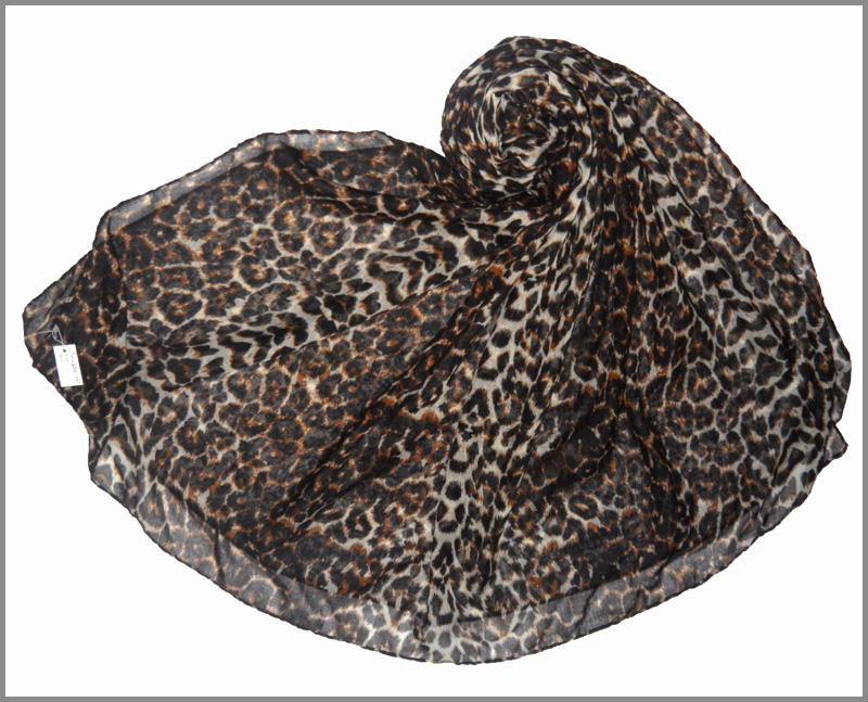 Leopard print polyester scarf, available in various sizes and colors