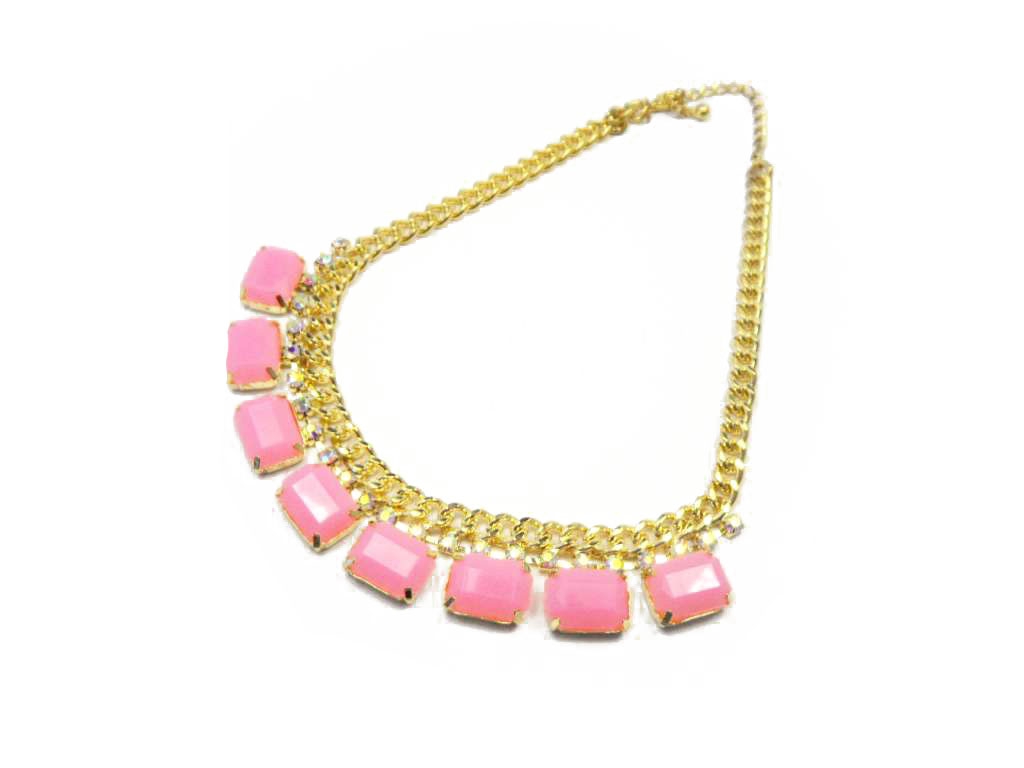 Conba Fashion Graceful Necklace with Golden Chain, Decorated with Baby Pink and Transparent Diamond 