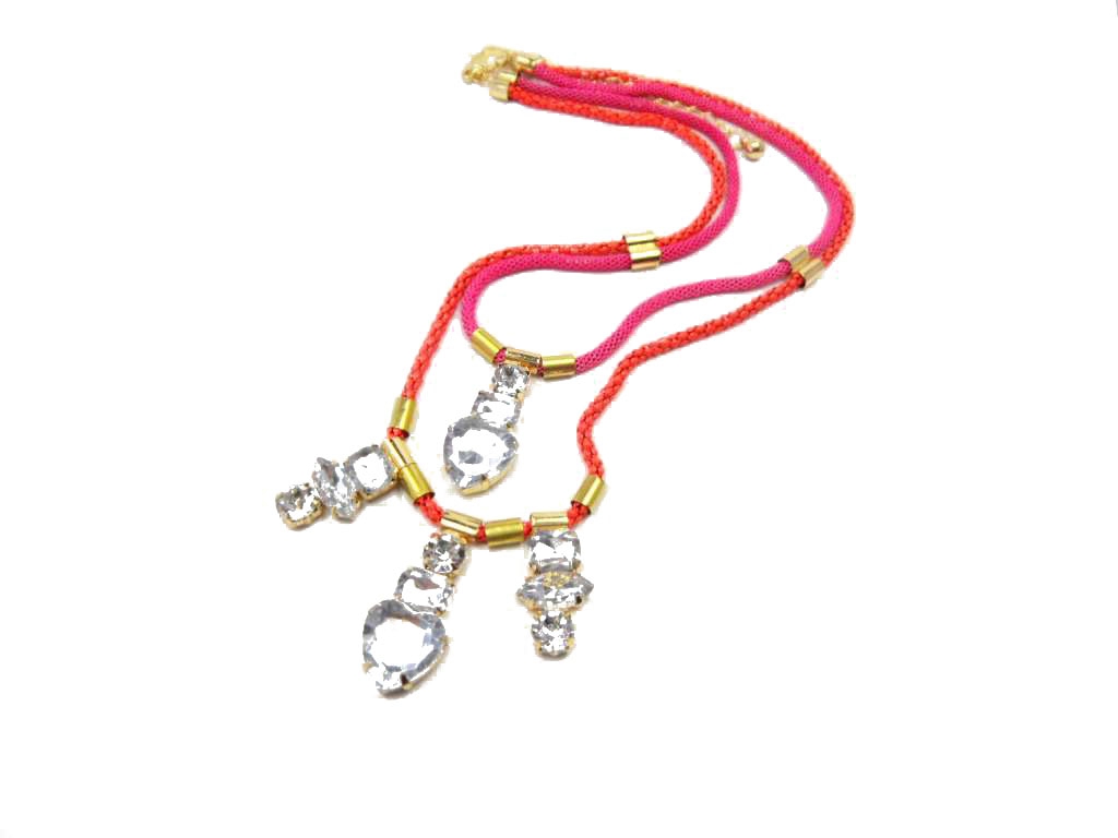 Fashionable Graceful Necklace with Golden Chain, Decorated with Red and Transparent Diamond 