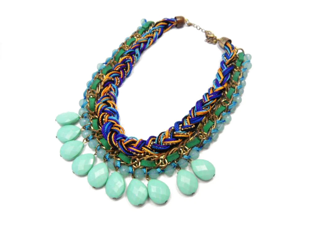 Fashionable Exaggerated Necklace with Green Resin and Multi Cotton Decoration 