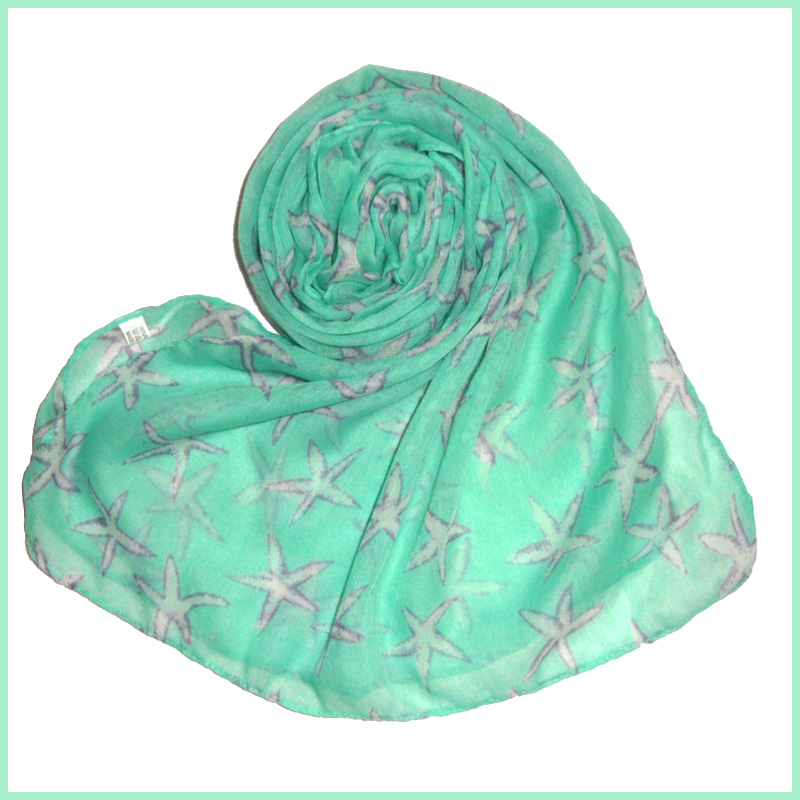 Green scarf printing starfish,nice design for women