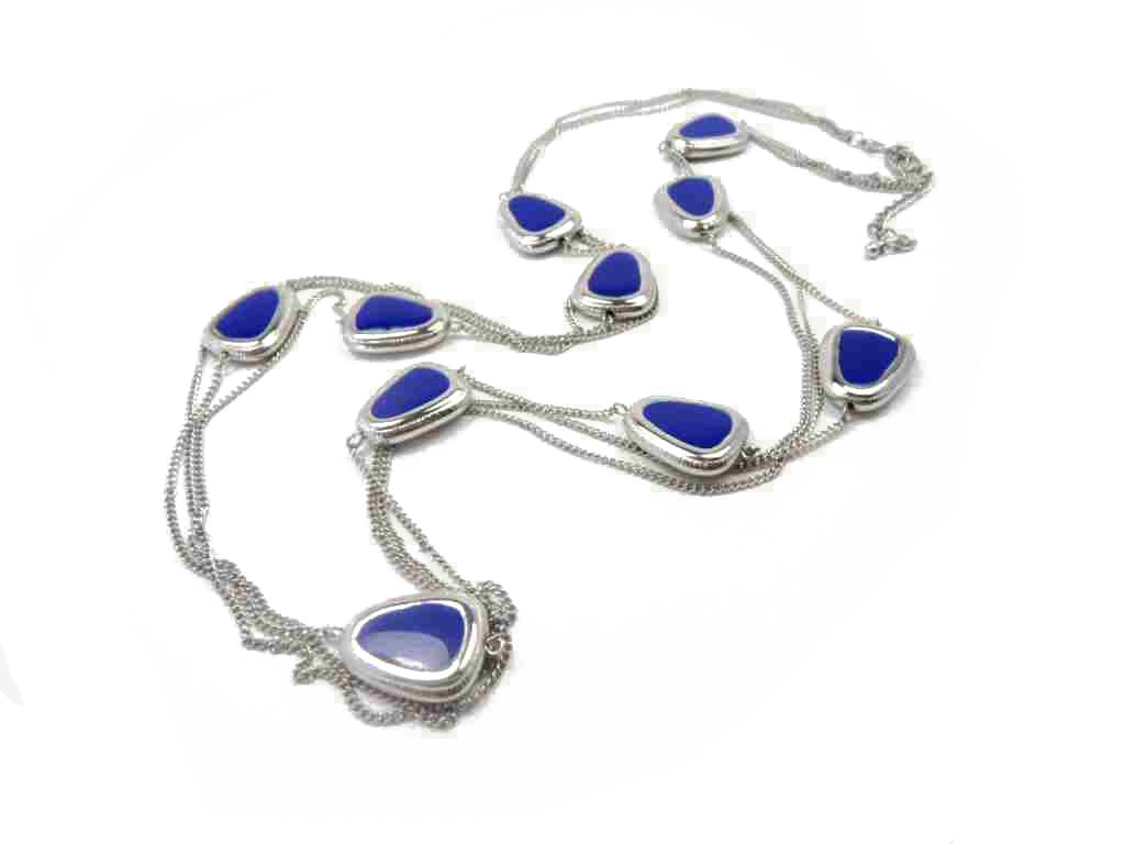 Fashionable and Simple Long Necklace with Silver Chain and Royal Blue Triangle Decoration 