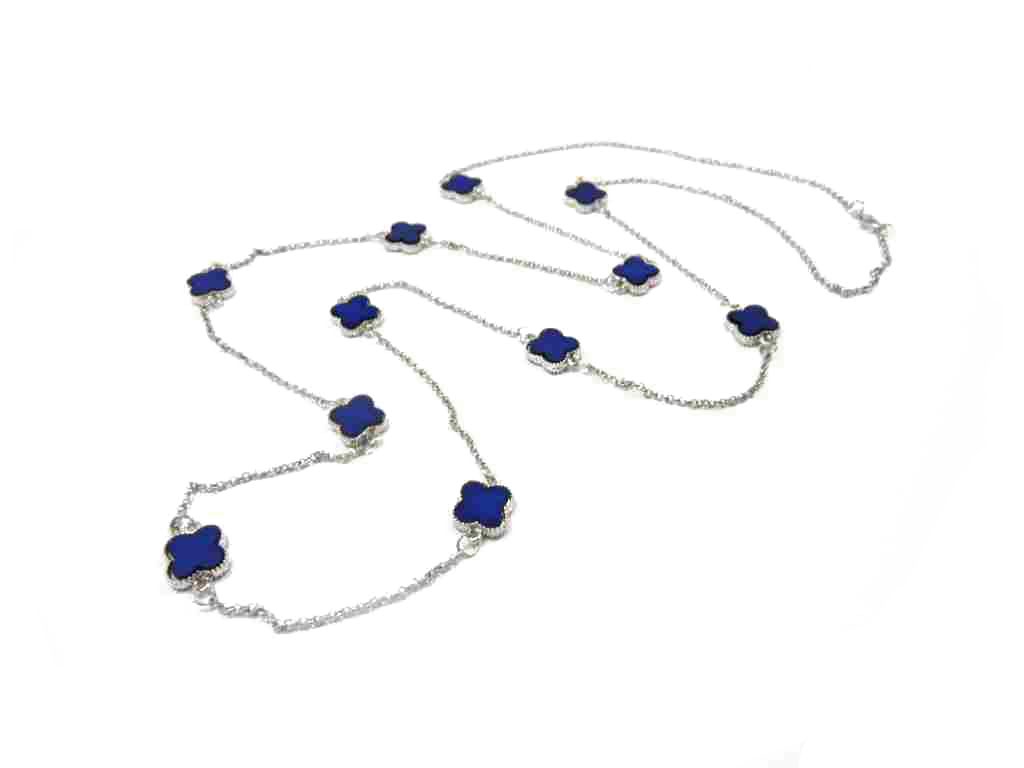 Fashionable and Simple Long Necklace with Silver Chain and Royal Blue Epoxy Flowers Decoration 