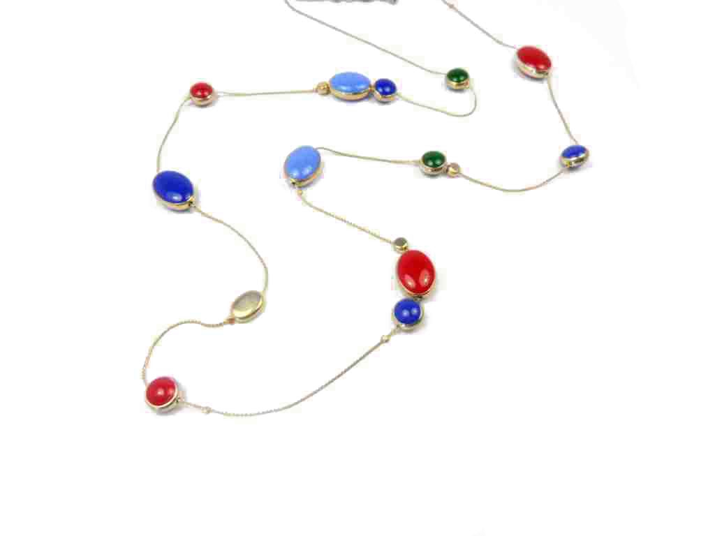 Fashionable and Simple Long Necklace with Silver Chain and Colorful Stone Decoration 