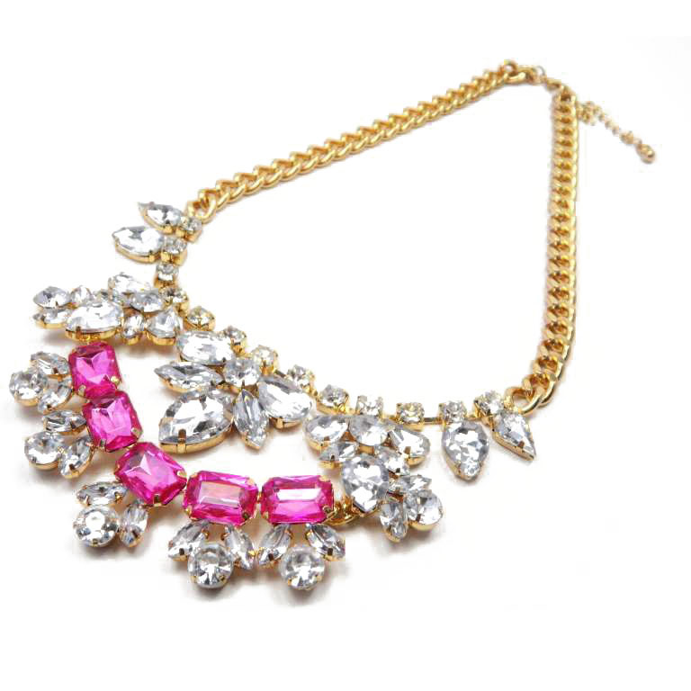Conba Fashion Graceful Necklace with Golden Chain, Decorated with Pink and Transparent Diamond 