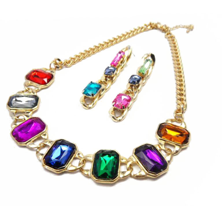 Conba Graceful Luxurious Necklace Set with Golden Chain and Candy Colorful Sparkling Crystal 